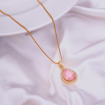 Oval Shape Gold Plated Pendant with chain-Mint Pink