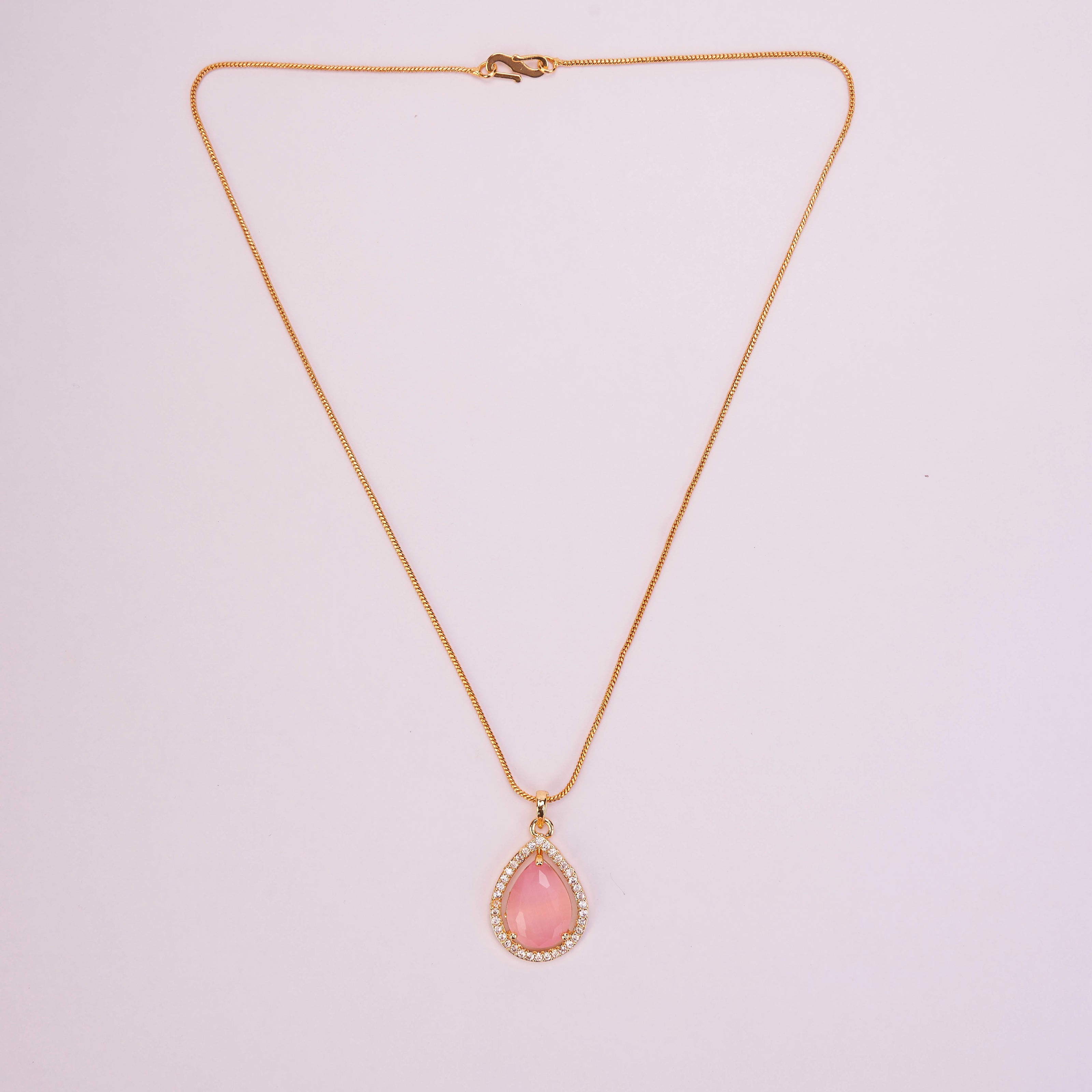 Oval Shape Gold Plated Pendant with chain-Mint Pink