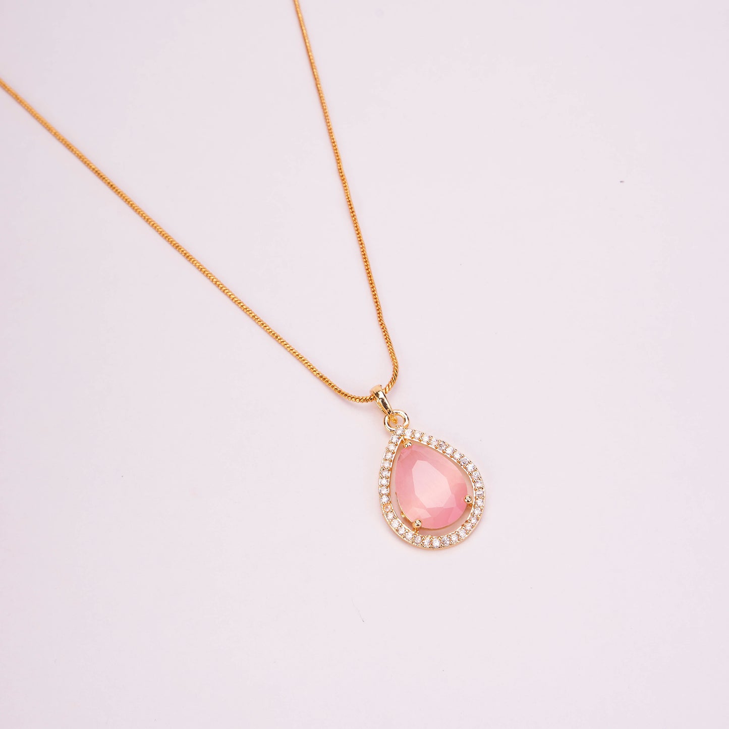 Oval Shape Gold Plated Pendant with chain-Mint Pink