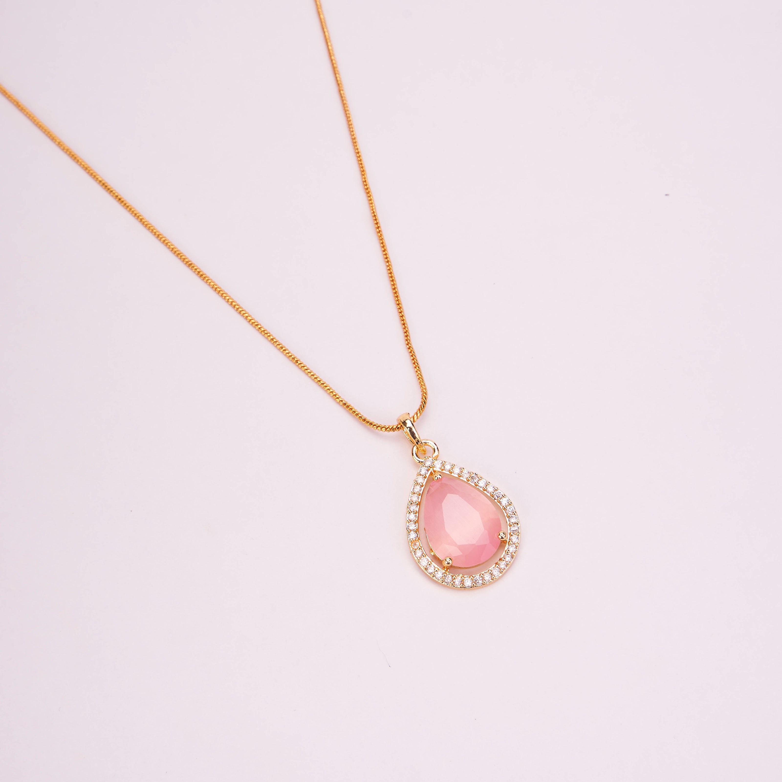 Oval Shape Gold Plated Pendant with chain-Mint Pink