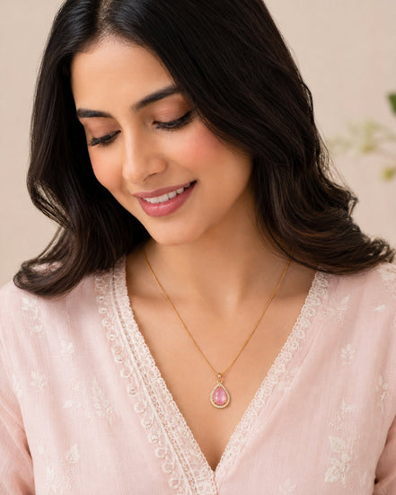 Oval Shape Gold Plated Pendant with chain-Mint Pink