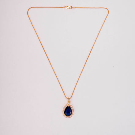 Oval Shape Gold Plated Pendant with chain-Crystal Blue