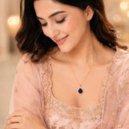 Oval Shape Gold Plated Pendant with chain-Crystal Blue