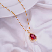 Oval Shape Gold Plated Pendant with chain-Crystal Red
