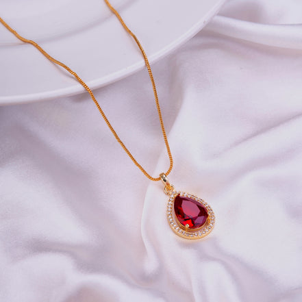 Oval Shape Gold Plated Pendant with chain-Crystal Red