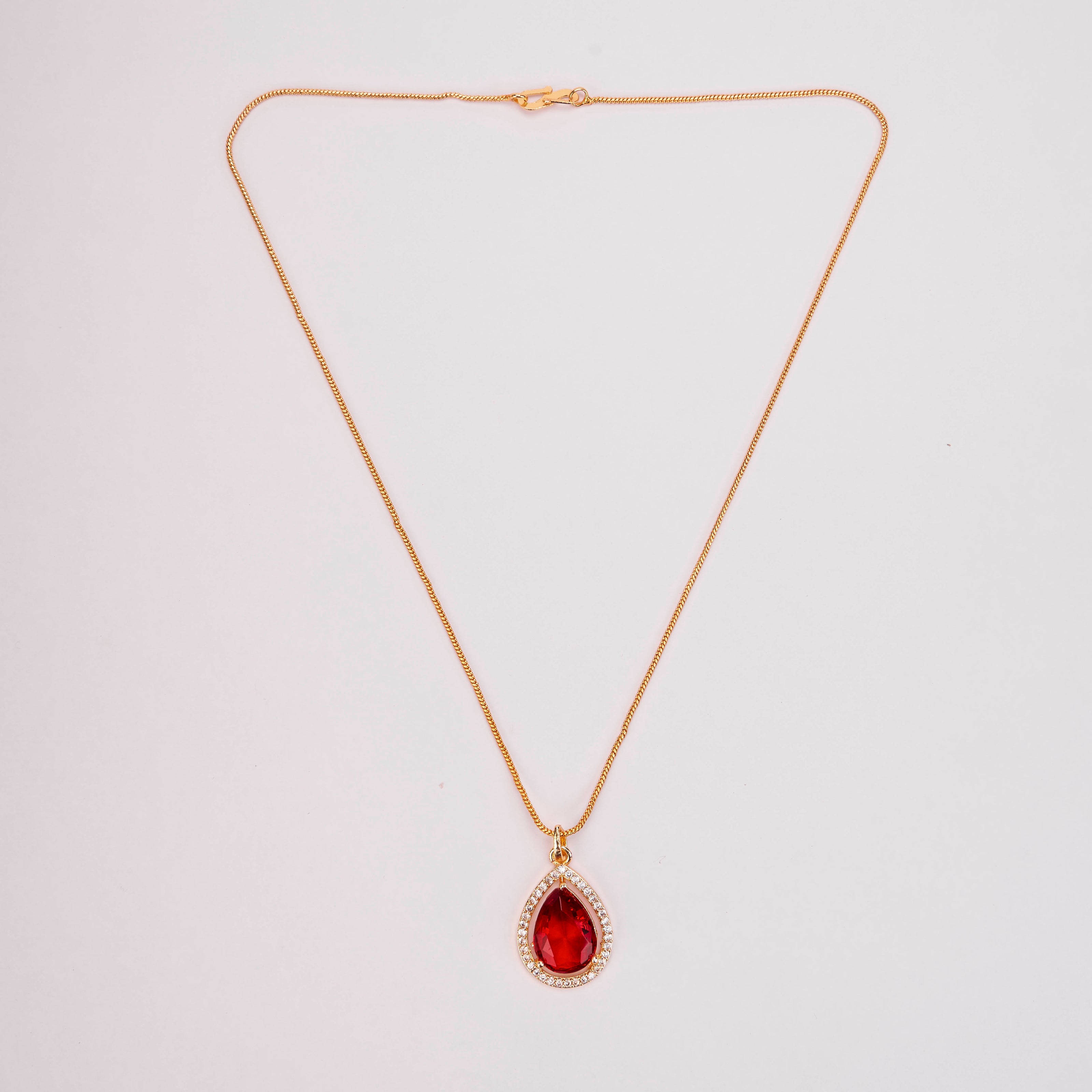 Oval Shape Gold Plated Pendant with chain-Crystal Red