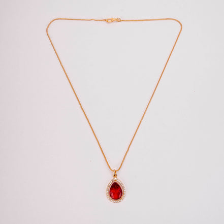 Oval Shape Gold Plated Pendant with chain-Crystal Red