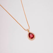 Oval Shape Gold Plated Pendant with chain-Crystal Red