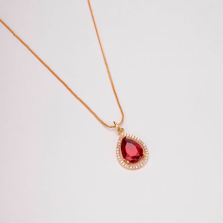 Oval Shape Gold Plated Pendant with chain-Crystal Red