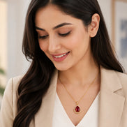 Oval Shape Gold Plated Pendant with chain-Crystal Red
