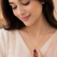 Oval Shape Gold Plated Pendant with chain-Crystal Red