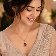 Oval Shape Gold Plated Pendant with chain-Crystal Red