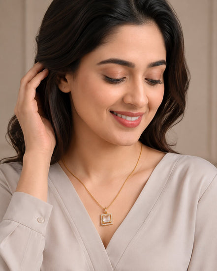 Square Halo Design Gold Plated Pendant with chain