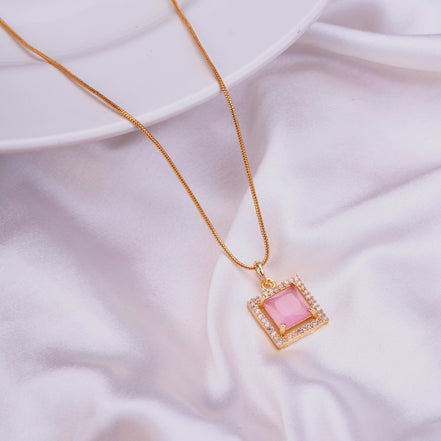 Square Halo Design Gold Plated Pendant with chain-Mint Pink