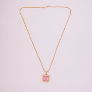 Square Halo Design Gold Plated Pendant with chain-Mint Pink