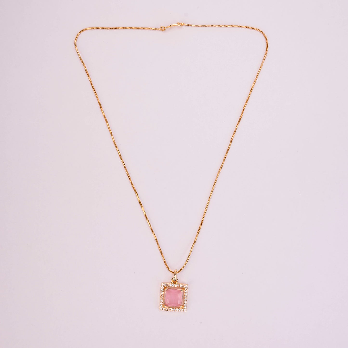Square Halo Design Gold Plated Pendant with chain-Mint Pink