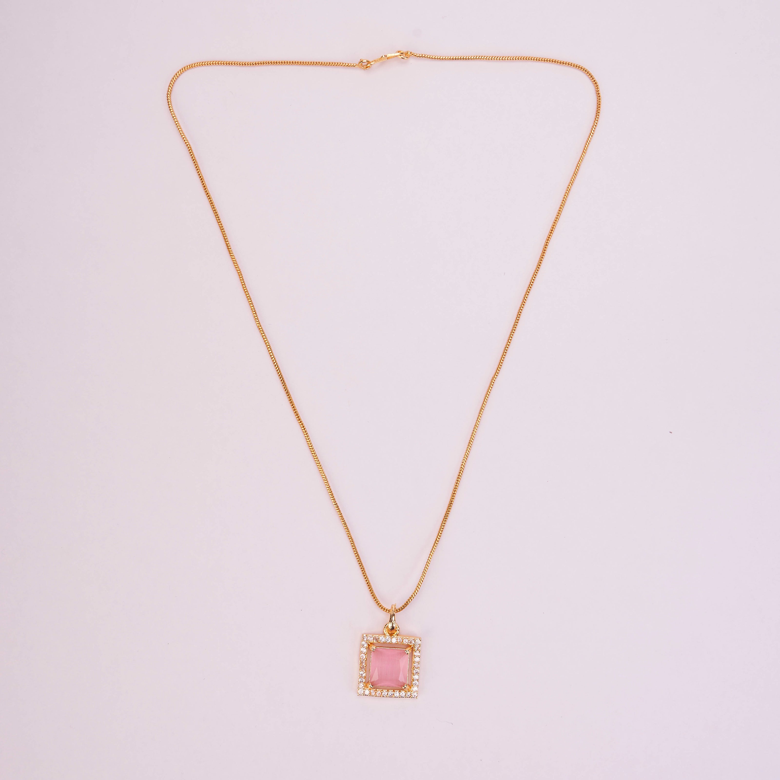 Square Halo Design Gold Plated Pendant with chain-Mint Pink