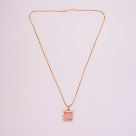 Square Halo Design Gold Plated Pendant with chain-Mint Pink
