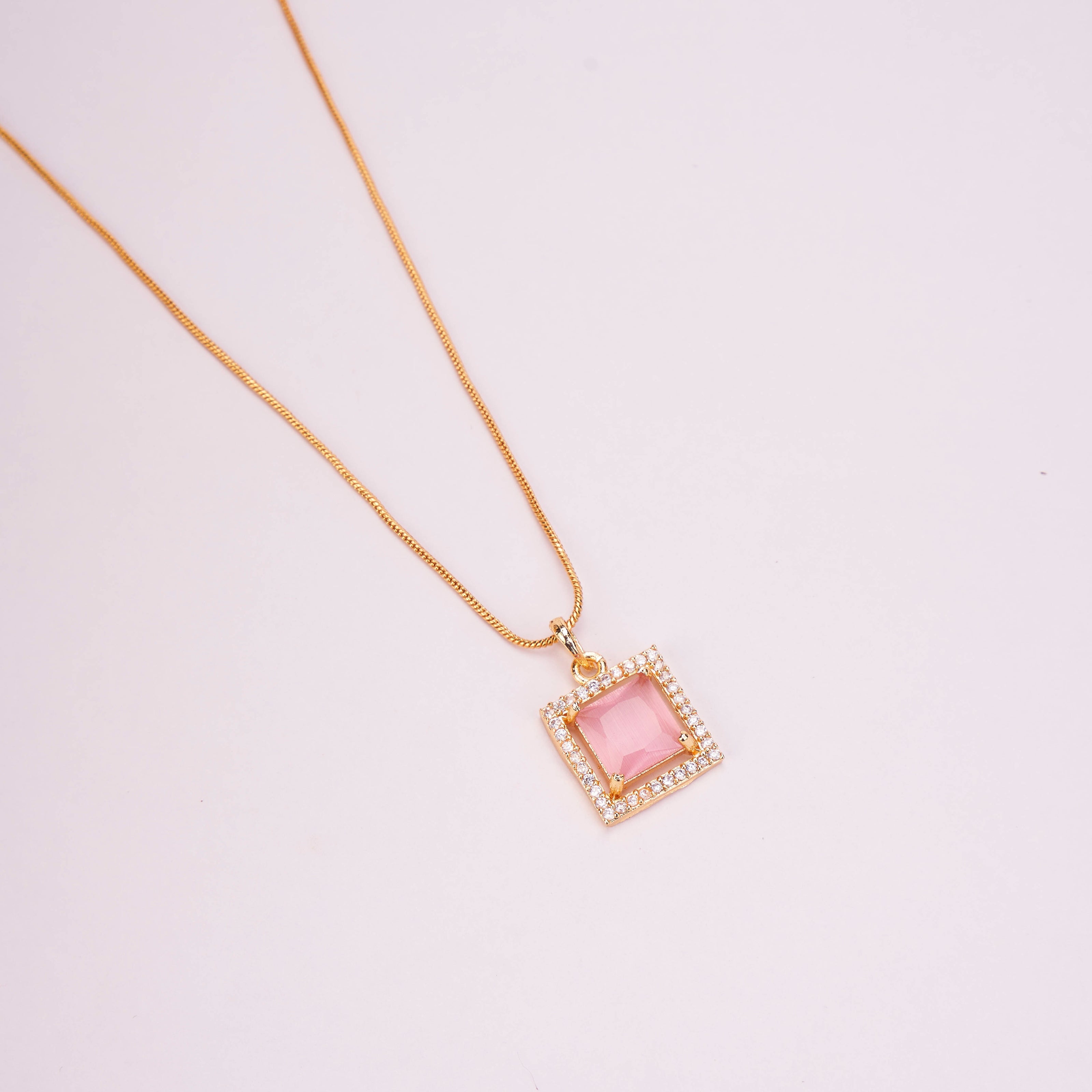 Square Halo Design Gold Plated Pendant with chain-Mint Pink