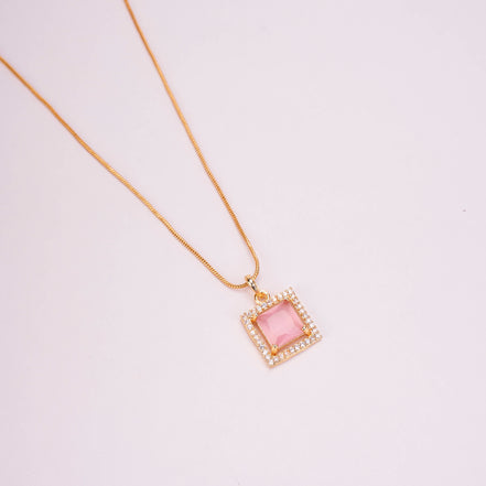 Square Halo Design Gold Plated Pendant with chain-Mint Pink