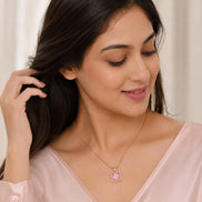 Square Halo Design Gold Plated Pendant with chain-Mint Pink