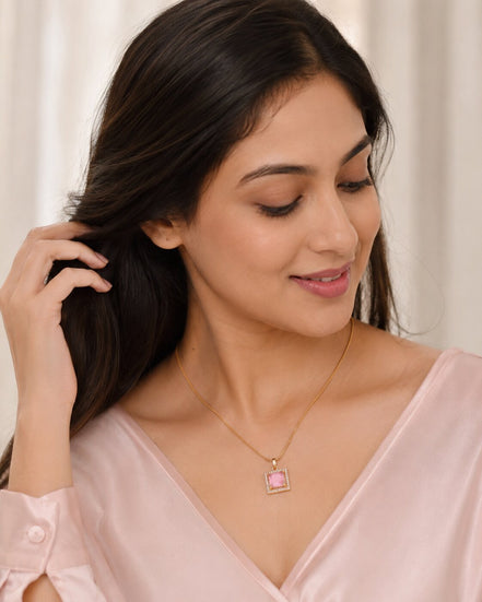Square Halo Design Gold Plated Pendant with chain-Mint Pink
