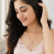 Square Halo Design Gold Plated Pendant with chain-Mint Pink