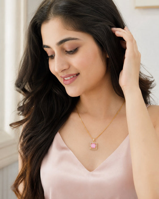 Square Halo Design Gold Plated Pendant with chain-Mint Pink