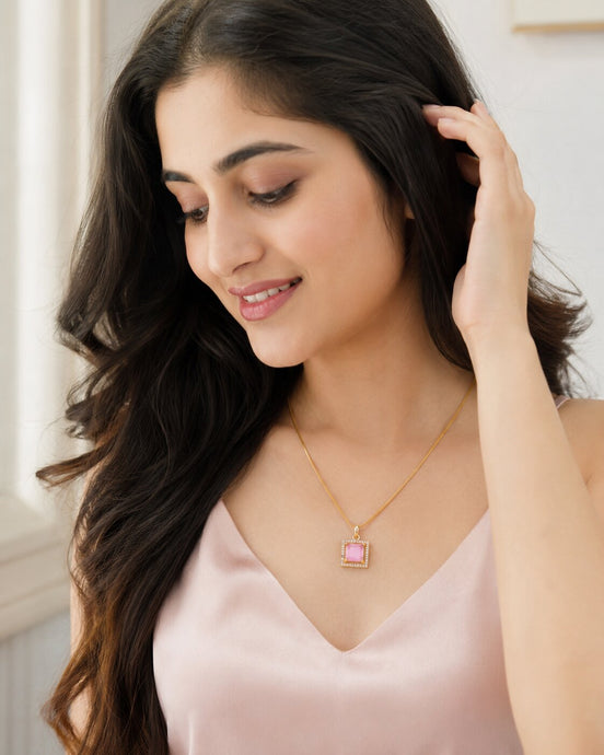 Square Halo Design Gold Plated Pendant with chain-Mint Pink