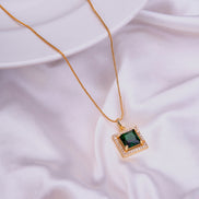 Square Halo Design Gold Plated Pendant with chain-Crystal Green