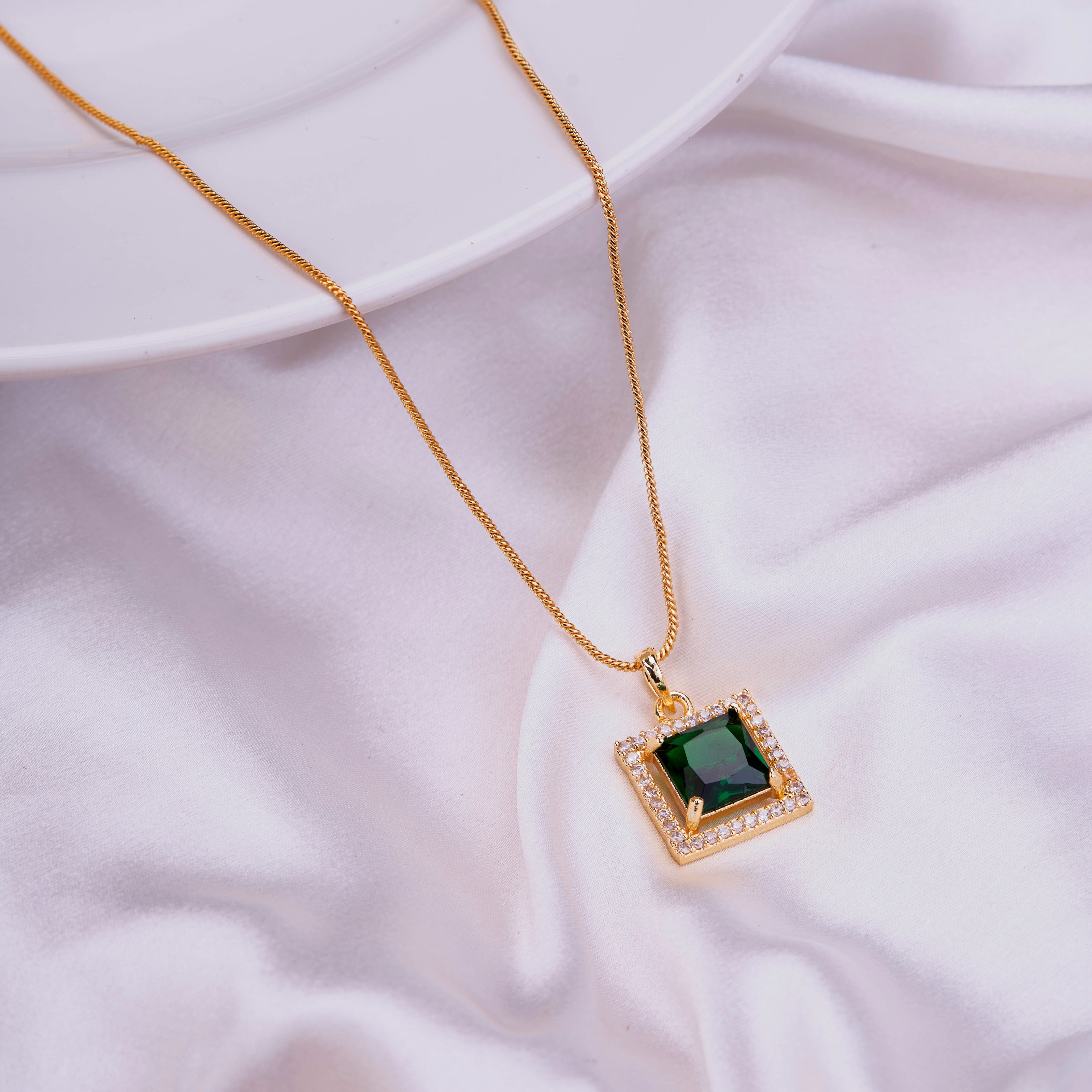 Square Halo Design Gold Plated Pendant with chain-Crystal Green