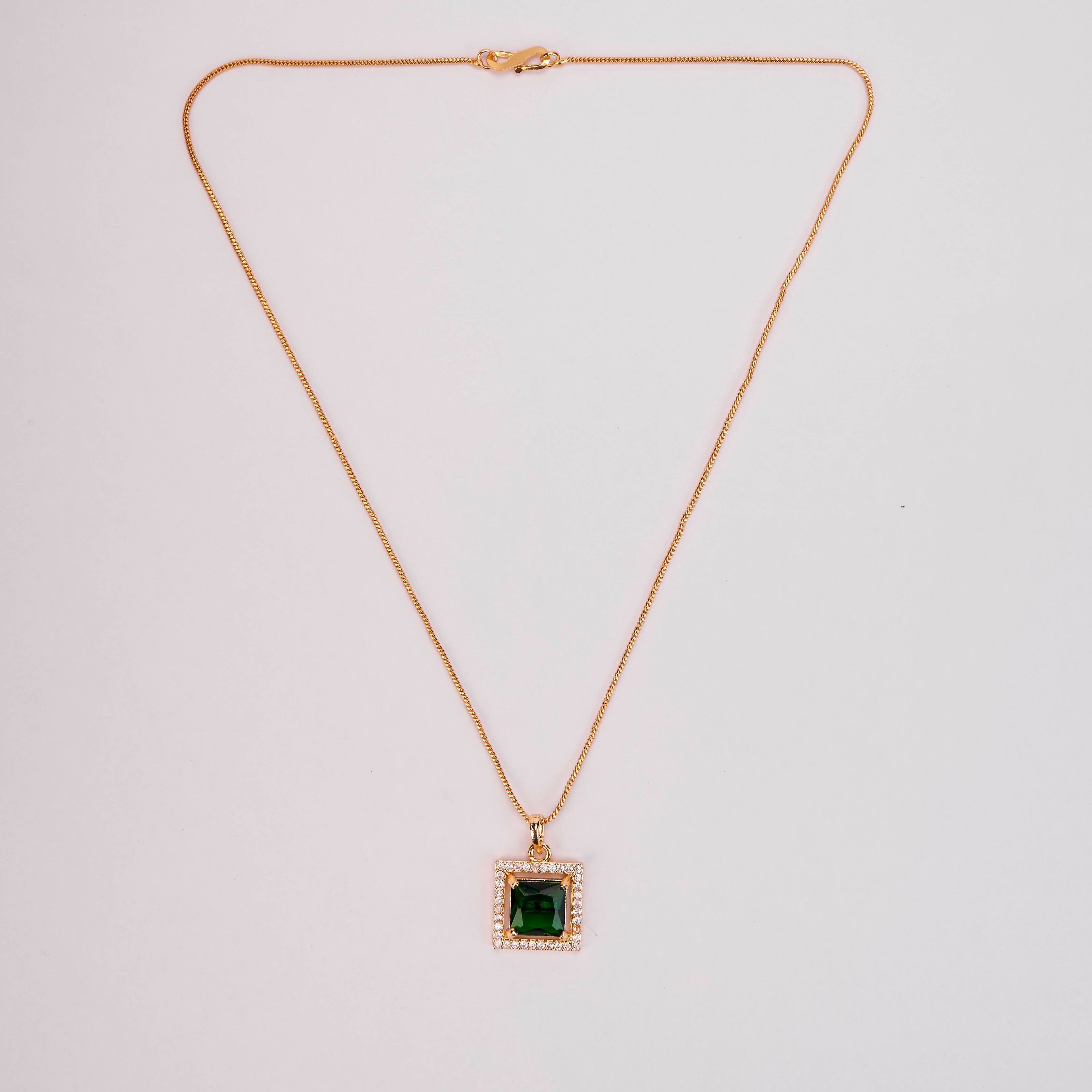 Square Halo Design Gold Plated Pendant with chain-Crystal Green