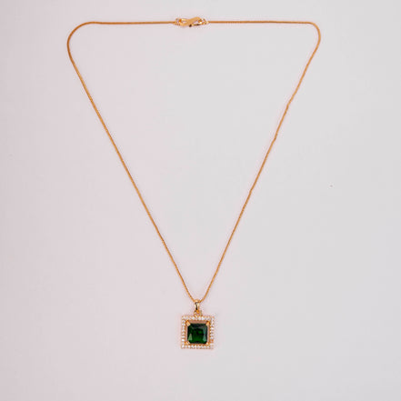 Square Halo Design Gold Plated Pendant with chain-Crystal Green
