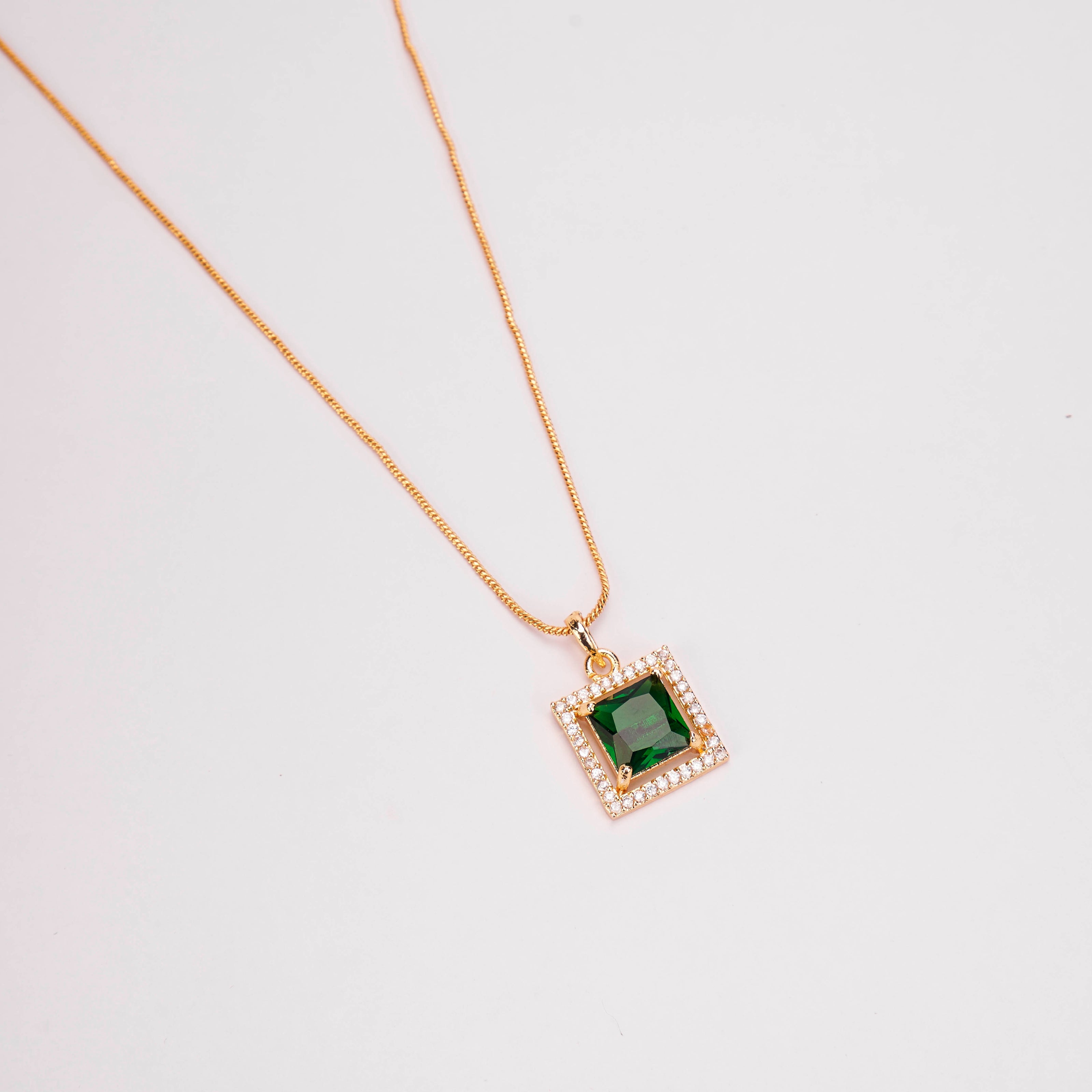 Square Halo Design Gold Plated Pendant with chain-Crystal Green