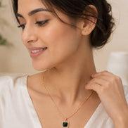 Square Halo Design Gold Plated Pendant with chain-Crystal Green