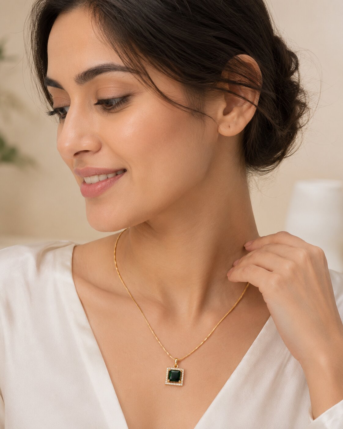 Square Halo Design Gold Plated Pendant with chain-Crystal Green