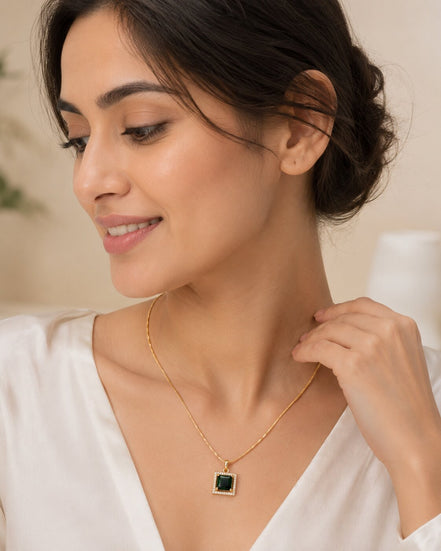 Square Halo Design Gold Plated Pendant with chain-Crystal Green