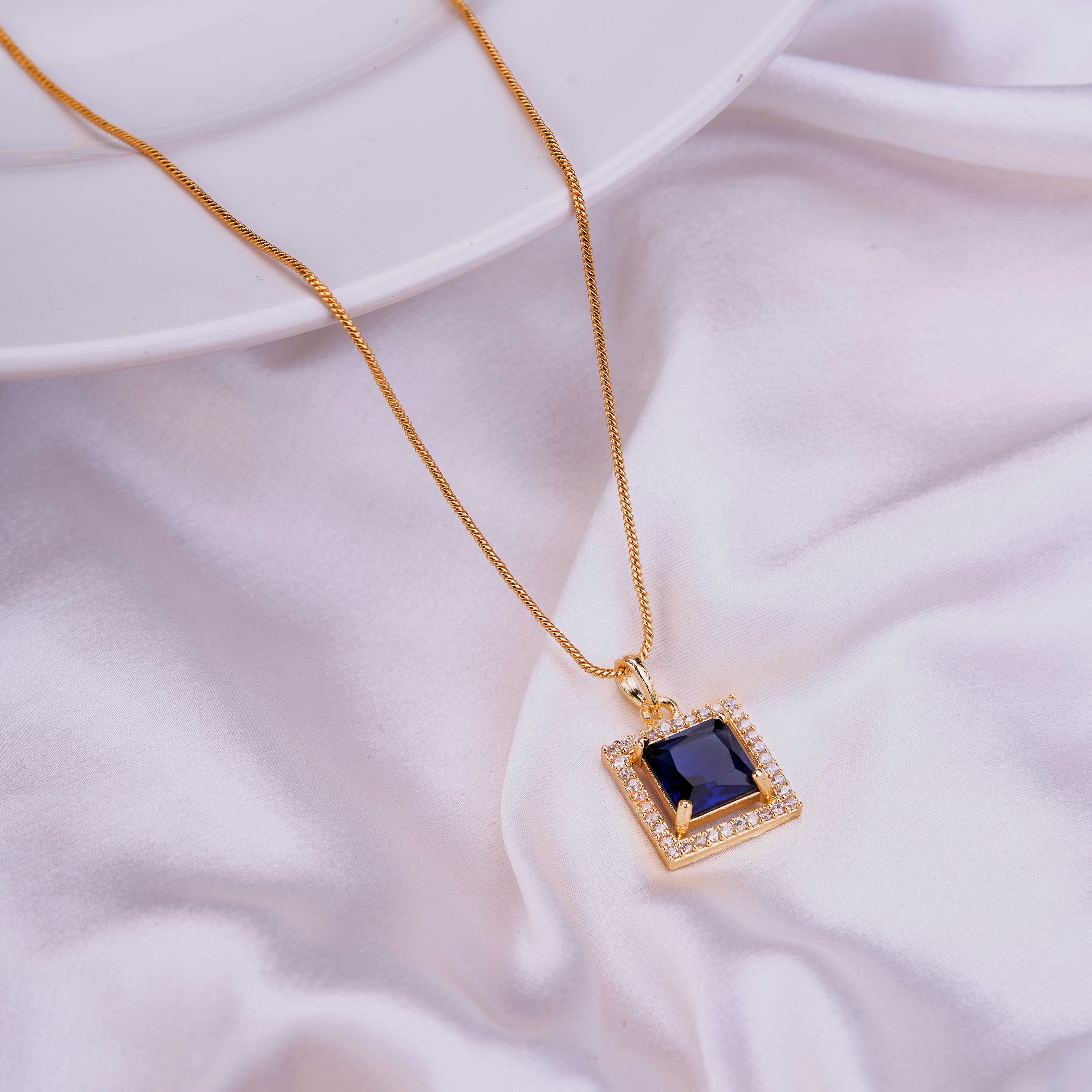 Square Halo Design Gold Plated Pendant with chain-Crystal Blue