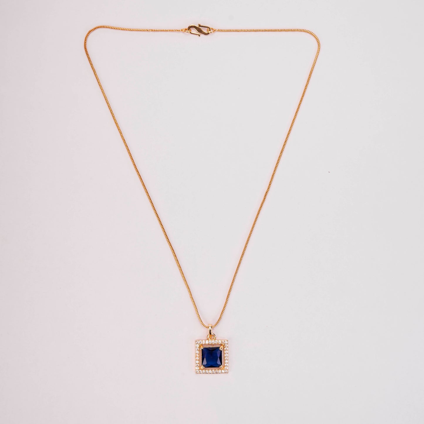 Square Halo Design Gold Plated Pendant with chain-Crystal Blue