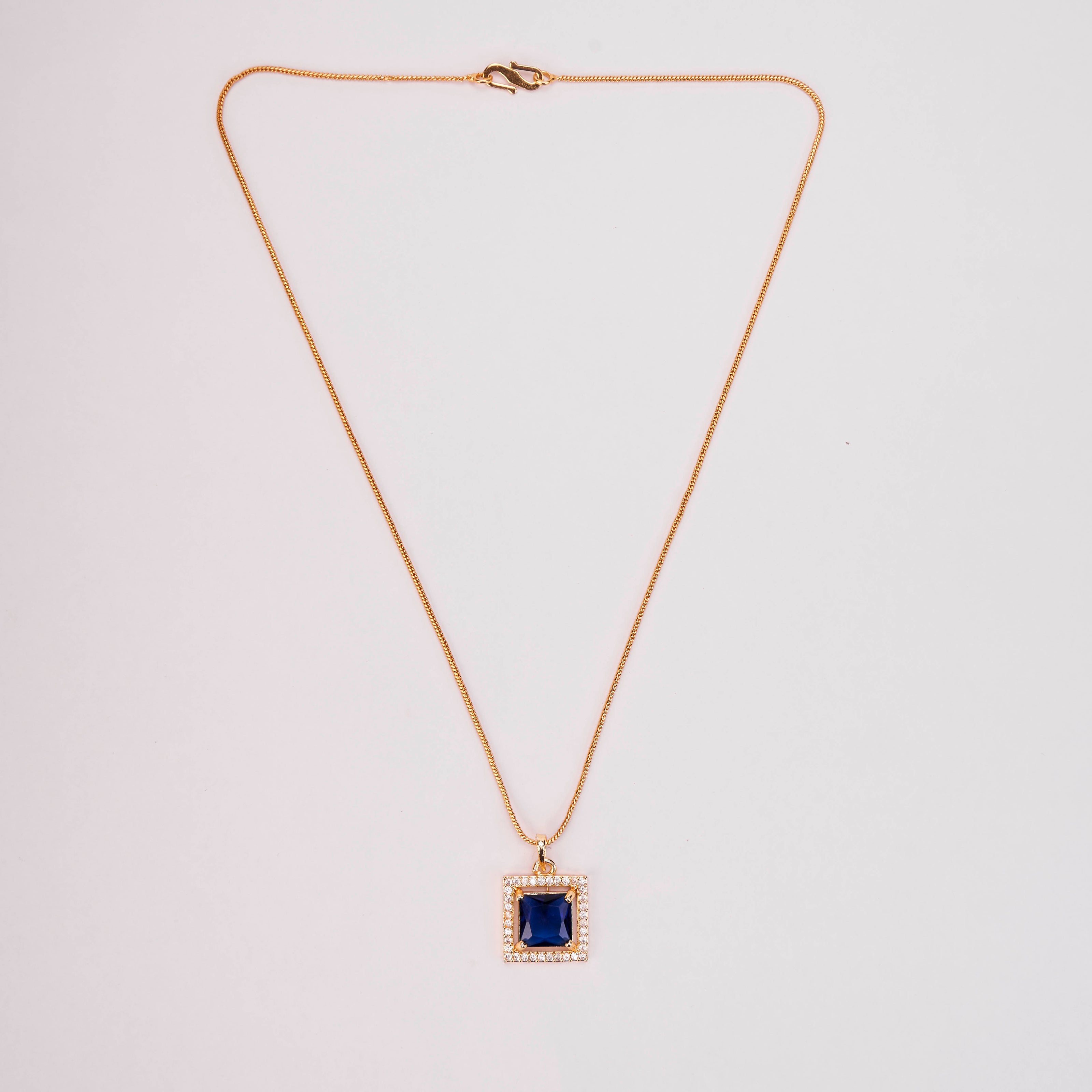 Square Halo Design Gold Plated Pendant with chain-Crystal Blue