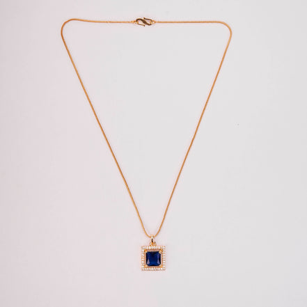 Square Halo Design Gold Plated Pendant with chain-Crystal Blue
