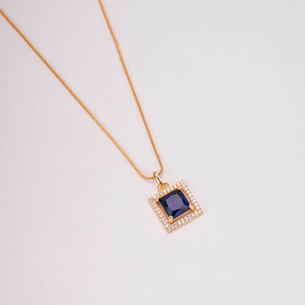 Square Halo Design Gold Plated Pendant with chain-Crystal Blue