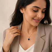 Square Halo Design Gold Plated Pendant with chain-Crystal Blue