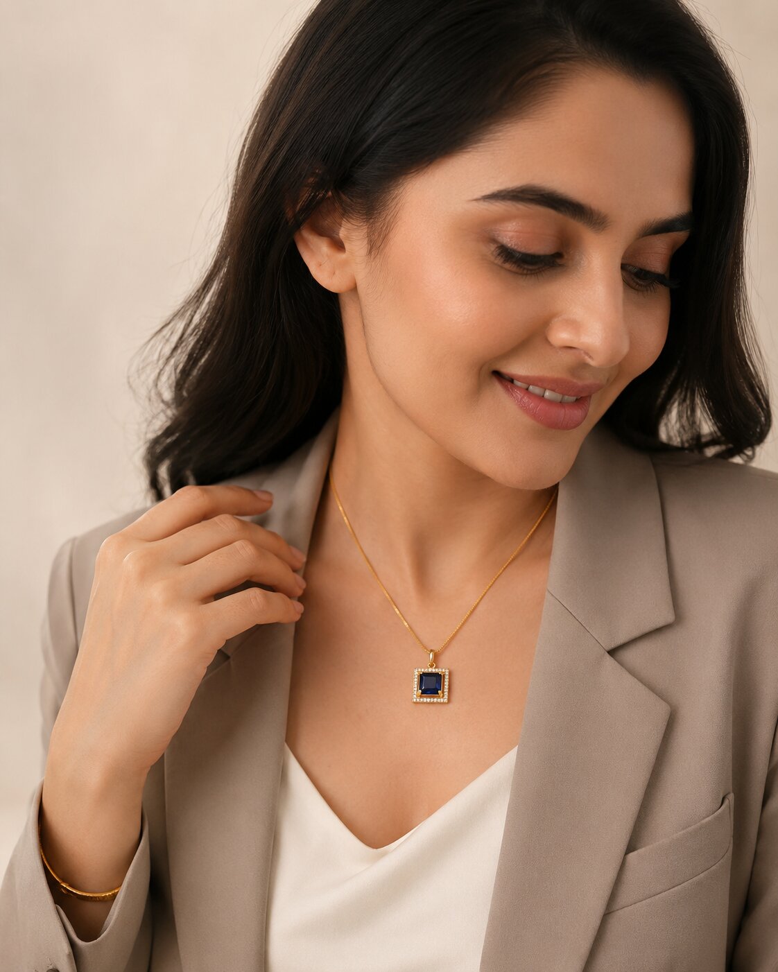Square Halo Design Gold Plated Pendant with chain-Crystal Blue