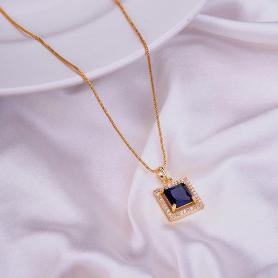 Square Halo Design Gold Plated Pendant with chain-Crystal Blue