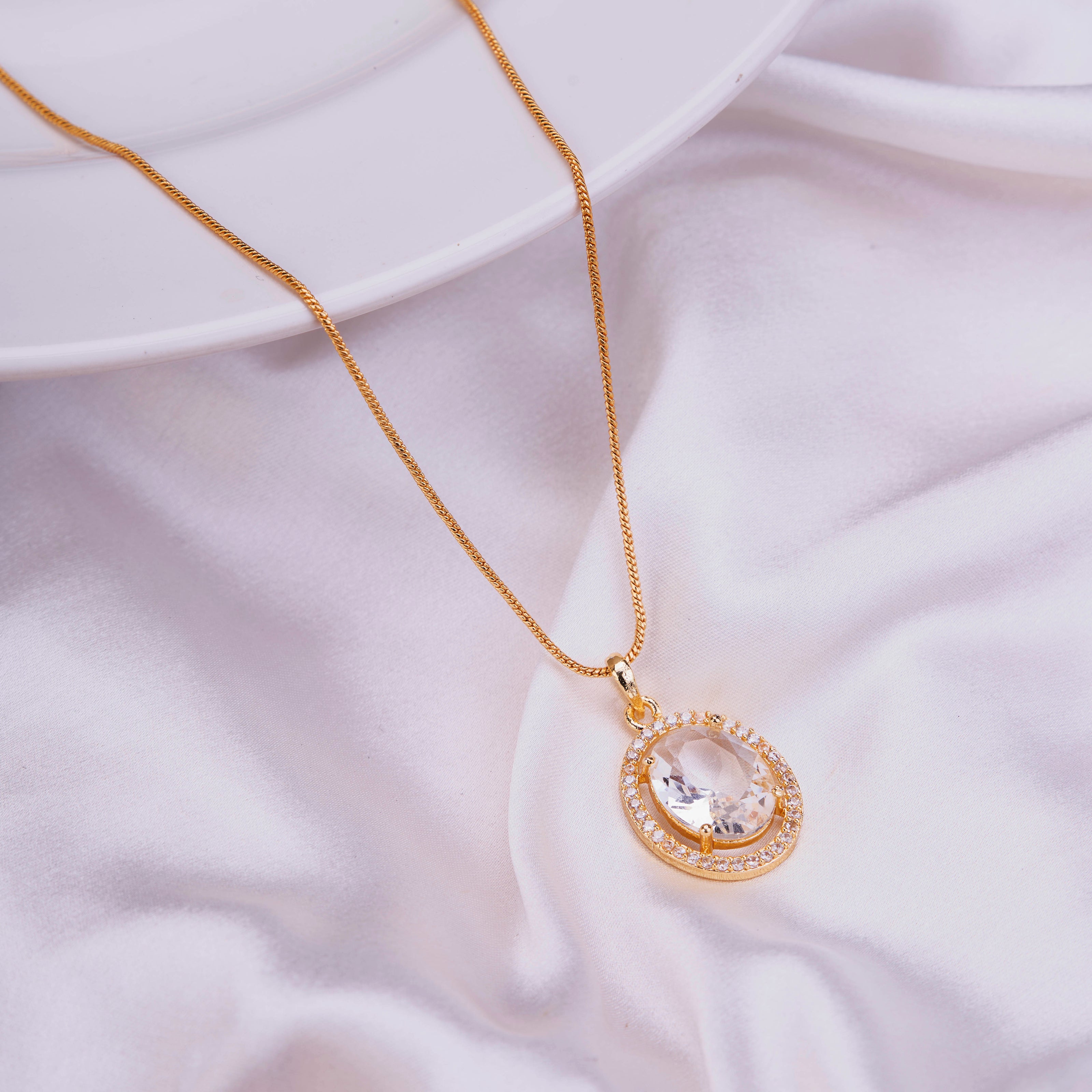 Oval Halo Design Gold Plated Pendant with chain