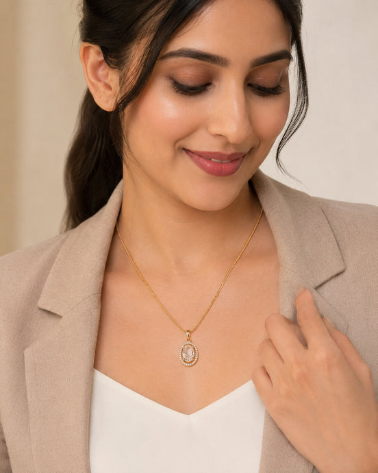 Oval Halo Design Gold Plated Pendant with chain