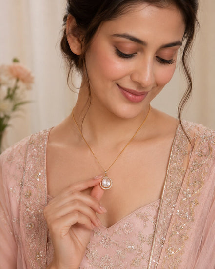 Oval Halo Design Gold Plated Pendant with chain