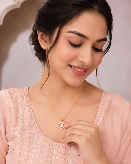 Oval Halo Design Gold Plated Pendant with chain