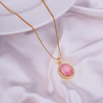 Oval Halo Design Gold Plated Pendant with chain-Mint Pink
